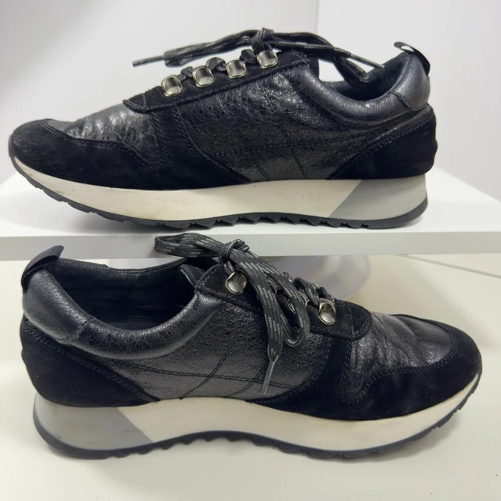Kanna Mixed Media Black Leather Suede D-Ring Sneakers Women's Size 39EU 8.5US
